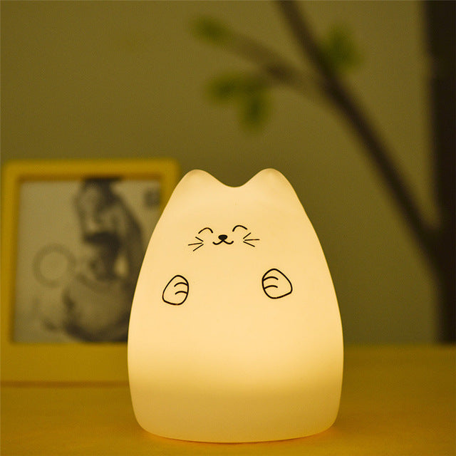 7 Color Changing Remote LED Night Light Silicone Cat Creative USB