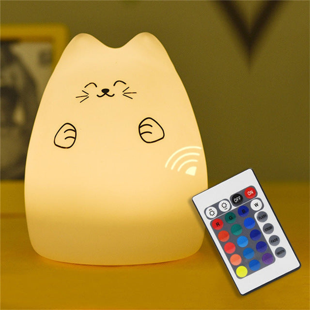 7 Color Changing Remote LED Night Light Silicone Cat Creative USB