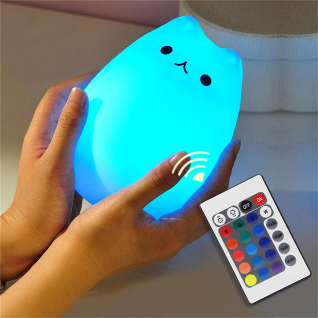 7 Color Changing Remote LED Night Light Silicone Cat Creative USB