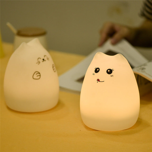 7 Color Changing Remote LED Night Light Silicone Cat Creative USB